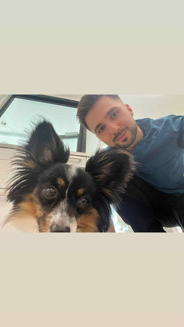 Tierarzt mit Hund beim Hausbesuch